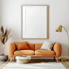 Frame mockup, ISO A paper size. Living room wall poster mockup. Interior mockup with house background. Modern interior design. 3D render