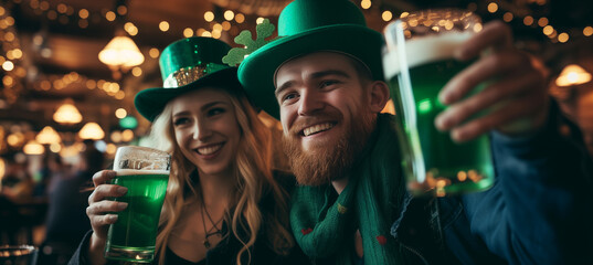 Naklejka premium Happy adult man and woman celebrating saint patricks day at an irish beer pub