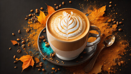 autumn pumpkin spice latte with fall bright colors and leaves. cozy cup of pumpkin coffee with latte art