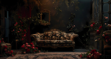 a dark room with roses and a sofa
