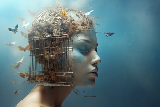 Concept idea art of freedom soul and inspiration. Surreal artwork of a bird cage on human face. 3d illustration. Conceptual painting 
