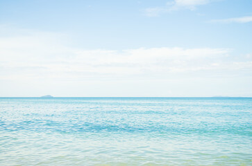 Sea Travel Background Blue Sky Ocean Water at Coast White Cloud Horizon Travel Summer Nature Season Beautiful Wallpaper Seascape Island Outdoor, Tropical Smooth Spash, Tourism Vacation Holidays.