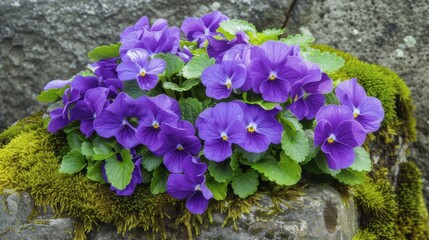 Vibrant Purple Violets on Mossy Rock AI Generated.