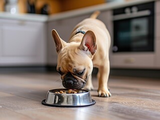 French bulldog eating food from a bowl on the floor in the kitchen