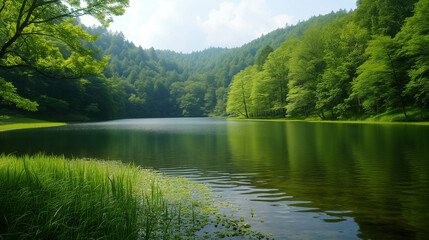 The atmosphere of the lake in nature is quiet and beautiful.