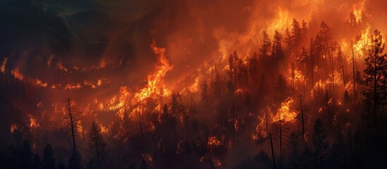 Devastating forest fire spreading fiercely across the burning red sky