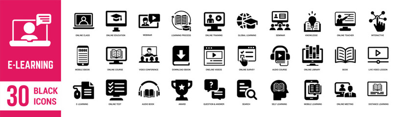 E-learning solid icons set. E-learning, online education, seminar, distance learning, online course, online videos and audio book. Vector illustration - obrazy, fototapety, plakaty