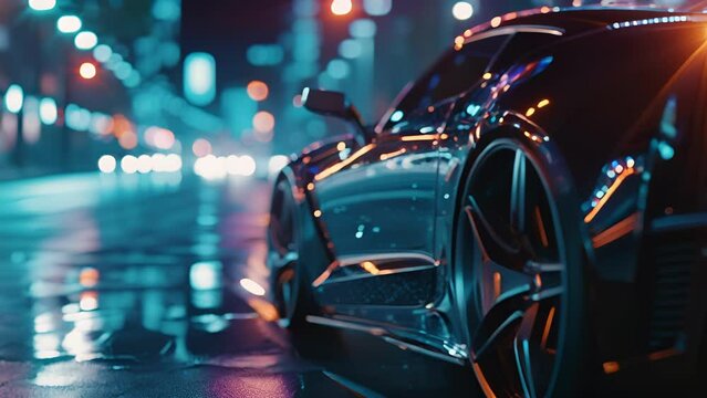 A slowmotion shot captures the intense reflection of the city lights on the sharp angular headlights of a street racing car creating a mesmerizing and dynamic visual.
