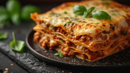 A delicious traditional of lasagna in a studio environment