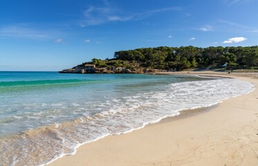 view of the picturesque beach in the Parc Natural de Mondrago in southeastern Mallorca near Santanyi