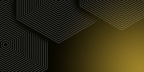 Technology background, dark gold and gradient colors. Geometric outline. line style hexagons shape