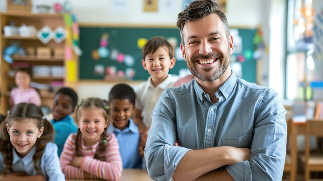 A smiling male teacher, with happy students in the background.