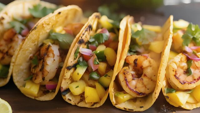 Shrimp lovers rejoice with these flavorful grilled shrimp tacos complete with a tangy pineapple salsa and a sprinkle of cilantro for that perfect finishing touch.