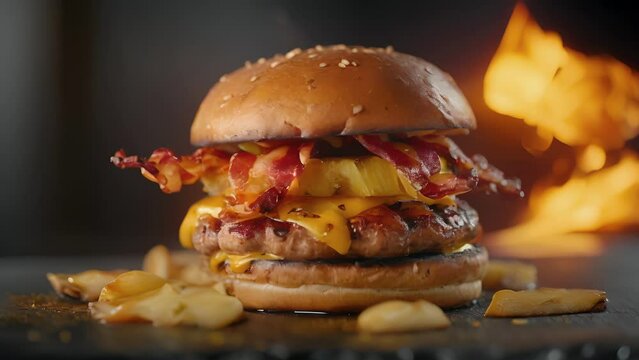 A symphony of flavors greets the senses as a flamegrilled chicken burger is topped with sweet and tangy pineapple crispy bacon and a drizzle of honey mustard. The bun is kissed
