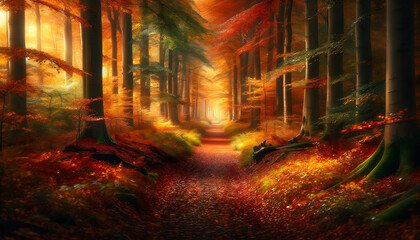 a tranquil forest path in autumn. The scene captures the essence of a peaceful walk through the woods, with the path carpeted in a rich tapestry of fallen leaves in shades of orange, red, yellow