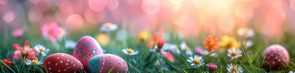 Easter Bunny Ears and Eggs: Vibrant Meadow Background Banner for Festive Spring Celebrations and Egg Hunts Web Cover Photo
