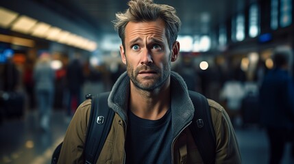 Younger man in airport experiencing flight delays and travel plan changes. Worried and anxious look on his face. Travel problems - obrazy, fototapety, plakaty