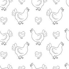Hand drawn vector monochrome seamless pattern with cute outline chicken and chick. Hand drawn illustration isolated on white background. Funny Farm animal repeat pattern
