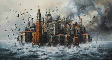 a painting is shown of a city made of buildings and birds