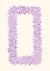 Lilac. Vertical rectangular frame of lilac flowers. Spring botanical illustration. Line art style. Vector. Violet.