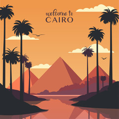 Pyramid complex, Cairo retro city poster with abstract shapes of skyline, buildings. Vintage Egypt landmark travel vector illustration