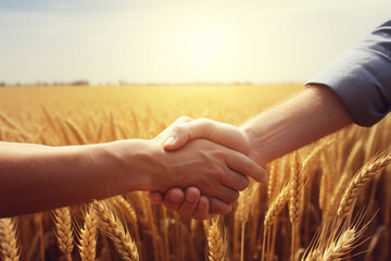 Experienced farmers seal the deal with a handshake in a wheat field. Business, agriculture concept. Handshake of two men.