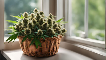 Green Cannabis  flowers in wicker basket near window.