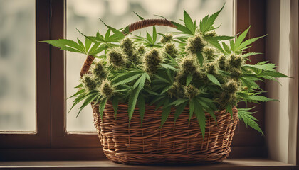Green Cannabis flower plant in wicker basket near window.