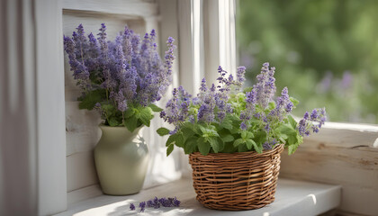 Purple Catmint  flowers with green leaves in wicker basket near window.
