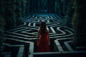 feeling lost or trapped within the maze struggle with mental health A Solemn Journey Through the Twisting Paths of a Verdant Maze - obrazy, fototapety, plakaty