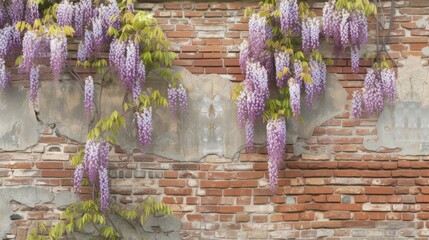 Tranquil Purple Wisteria Vine Hanging on Rustic Brick Wall AI Generated.