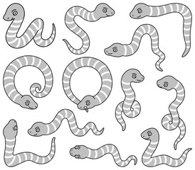 色んなポーズの蛇のイラスト【モノクロ・セット】