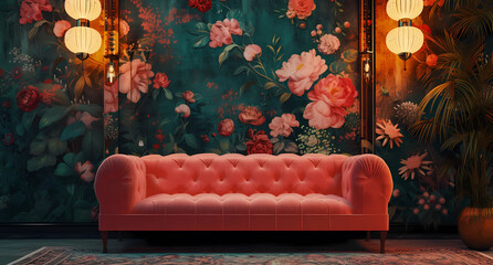 a pink couch sitting in front of a floral wall
