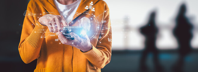 Businessman is showing concept of future technology and internet connection network with AI as...