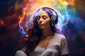Healing Sounds and Sound Therapy. sound vibrations open, clear, and balance chakras and energy. Woman in headset in sound healing therapy and meditation