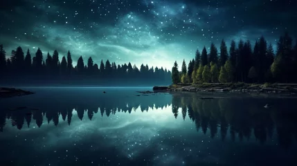 Crédence de cuisine en verre imprimé Réflexion A calm, starlit night sky reflected in a still lake, surrounded by the silhouette of trees