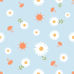 Fototapeta na wymiar Seamless pattern with daisy flower, mushroom and sun on blue background vector illustration.