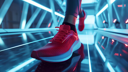 A person jogging on a treadmill at dusk, fitness and health concept in an indoor setting.
