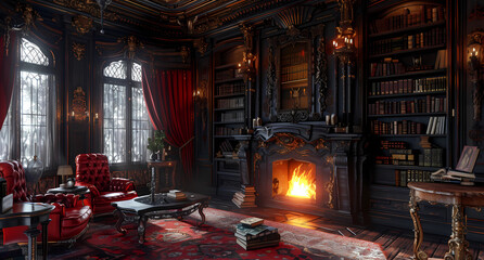 Fototapeta na wymiar a shot of a living room with fireplace and fireplace books