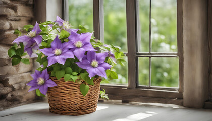 Purple Clematis flowers in wicker basket in the window.