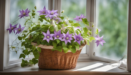 Purple Clematis flowers in wicker basket near window.