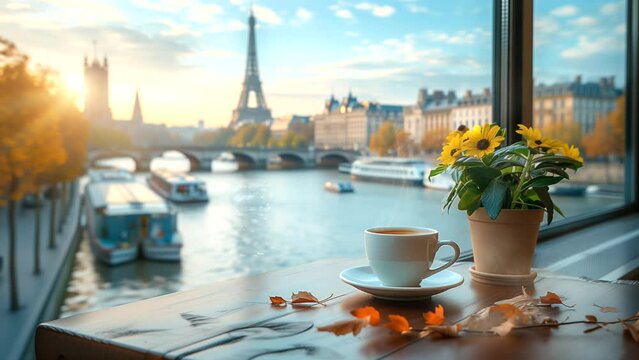 Enjoying coffee on cafe table with view of the Eiffel tower. seamless loop 4k time-lapse animation video background