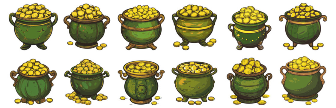 set of green pot of golds. st patrick's day elements vector. isolated on transparent background.