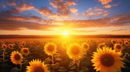 A field of sunflowers at dawn, their faces turned towards the rising sun, a symbol of hope and joy - obrazy, fototapety, plakaty