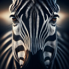 Fototapeta na wymiar a zebra's face, emphasizing the intricate details of its fur, the intensity of its eyes, and the beautiful interplay of light and shadow