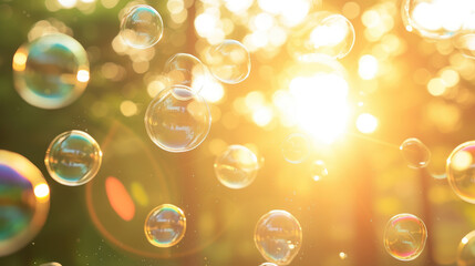 Sunlit Soap Bubbles on Nature Background - A serene image featuring iridescent soap bubbles floating against a sunlit natural backdrop, representing joy and the simple pleasures of life.