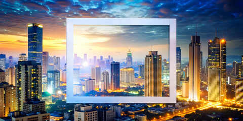 Urban Dusk: A Vibrant Cityscape with Glowing Skyscrapers and Lights Against the Night Sky