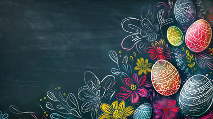 Colourful Chalk Drawn Easter Eggs and Spring Flowers on a Black Chalkboard Background - obrazy, fototapety, plakaty