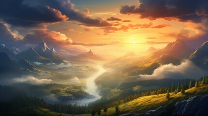 A peaceful, mountainous landscape at dawn, the peaks bathed in the soft light of the rising sun