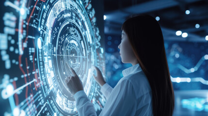 person in action in actionAdvancing Human Interface with Digital Realms - A woman interacts with a sophisticated holographic interface, epitomizing the advancement of human interaction with digital re